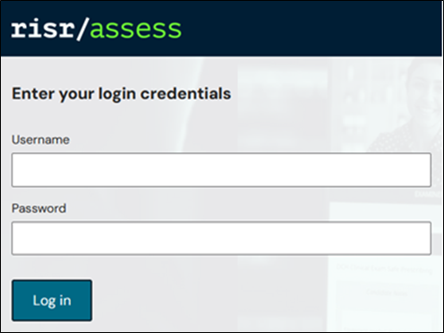 A screenshot of the  risr/assess system login screen