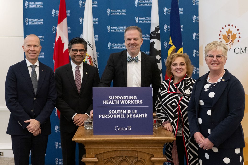 For the Dec. 7, 2023, announcement, from left: Royal College President Dr. Brian Hodges with Yasir Naqvi, member of Parliament, the Honourable Mark Holland, Minister of Health, Lena Metlege Diab, member of Parliament, Dr. Maureen Topps, past executive director and CEO of the Medical Council of Canada. 